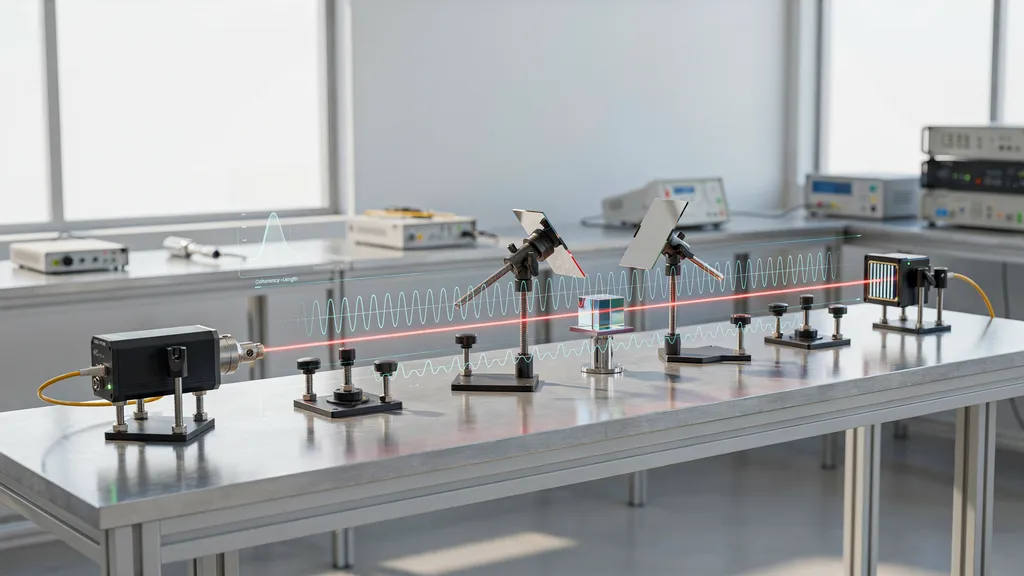 Single-frequency fiber laser demonstrating long coherence length and interferometry in a modern photonics laboratory.
